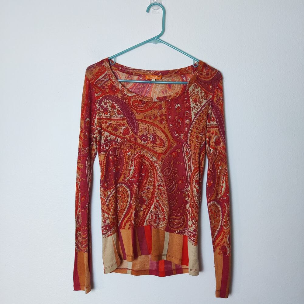 Mercantile Portland Silk Cashmere Orange Paisley Lightweight Artsy Sweater